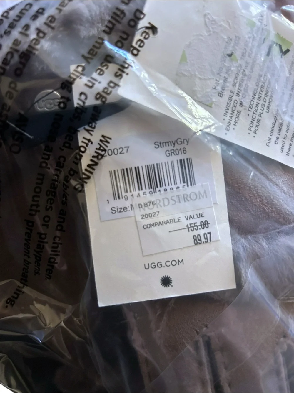 UGG Stormy Gray Tech Touch Gloves Size Medium